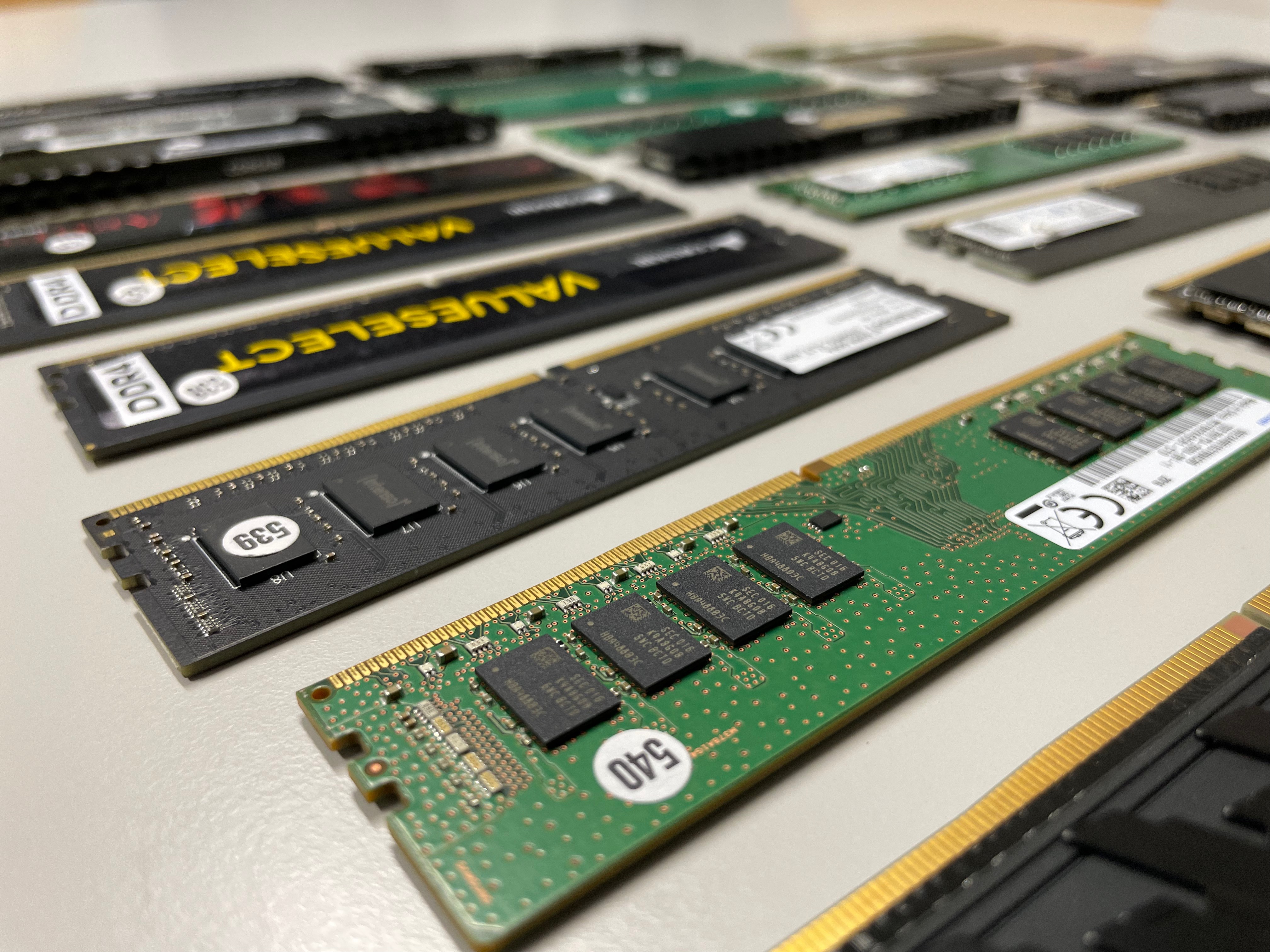 A few of the DRAM memory modules tested by the ETH researchers. (Photo: ETH Zurich / Computer Security Group)