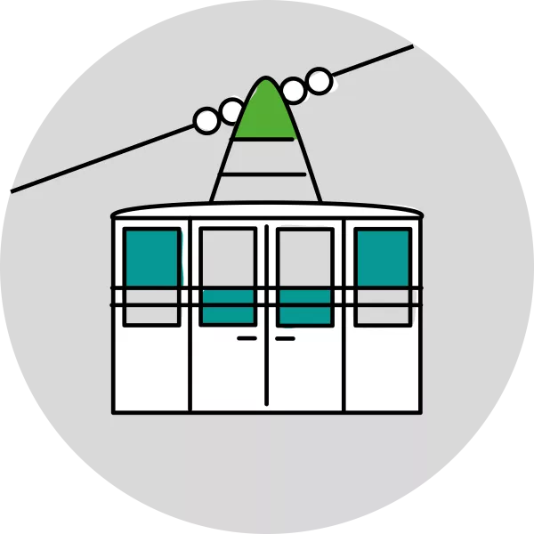 Cartoon showing a gondola travelling up a mountain