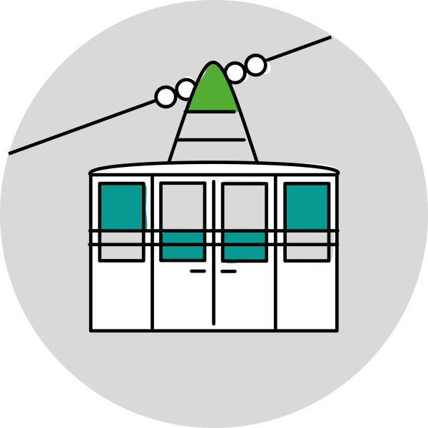 Cartoon showing a gondola travelling up a mountain