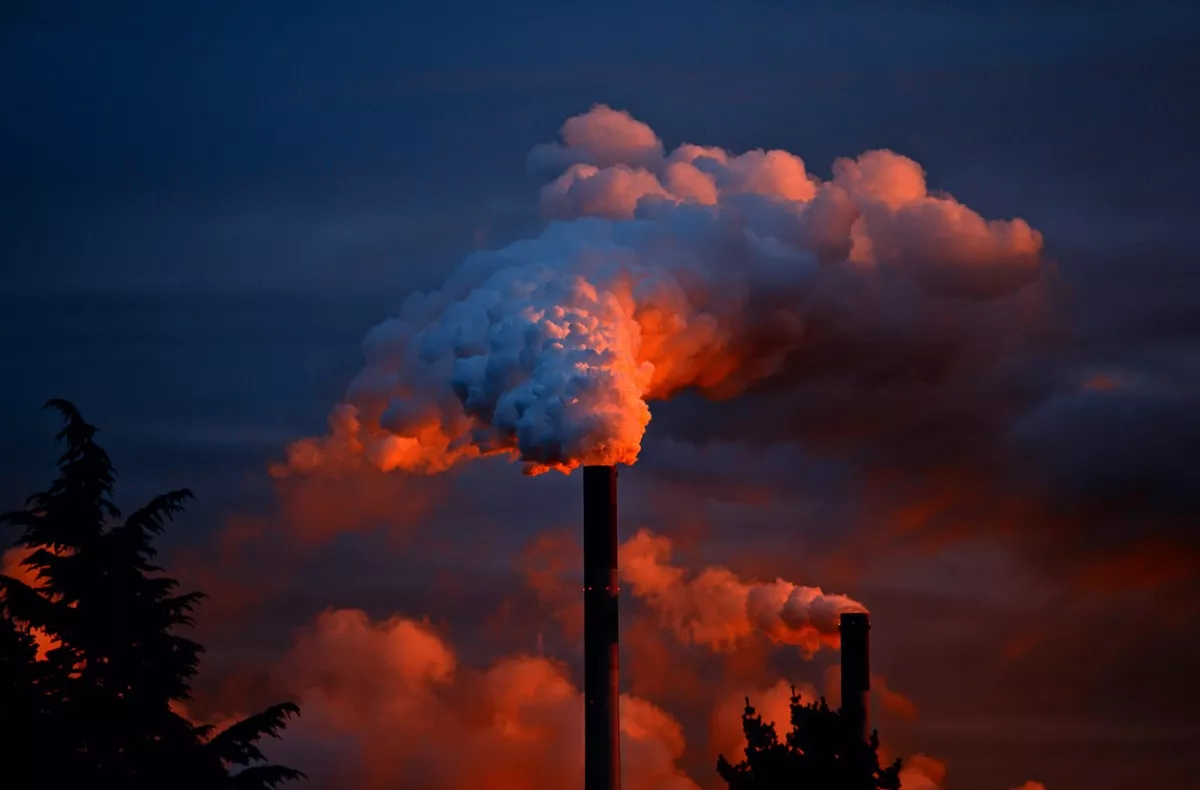 A chimney emits a thick cloud of gas at sunset.