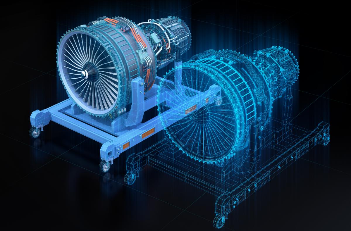 CGI representation of an engine alongside its digital twin