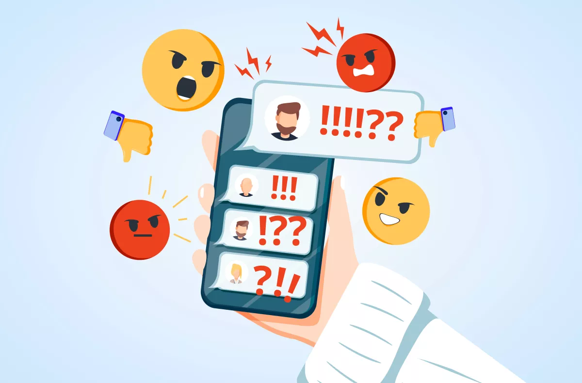  Heruntergeladen Hand holding phone with incoming bullying message in chat cartoon illustration