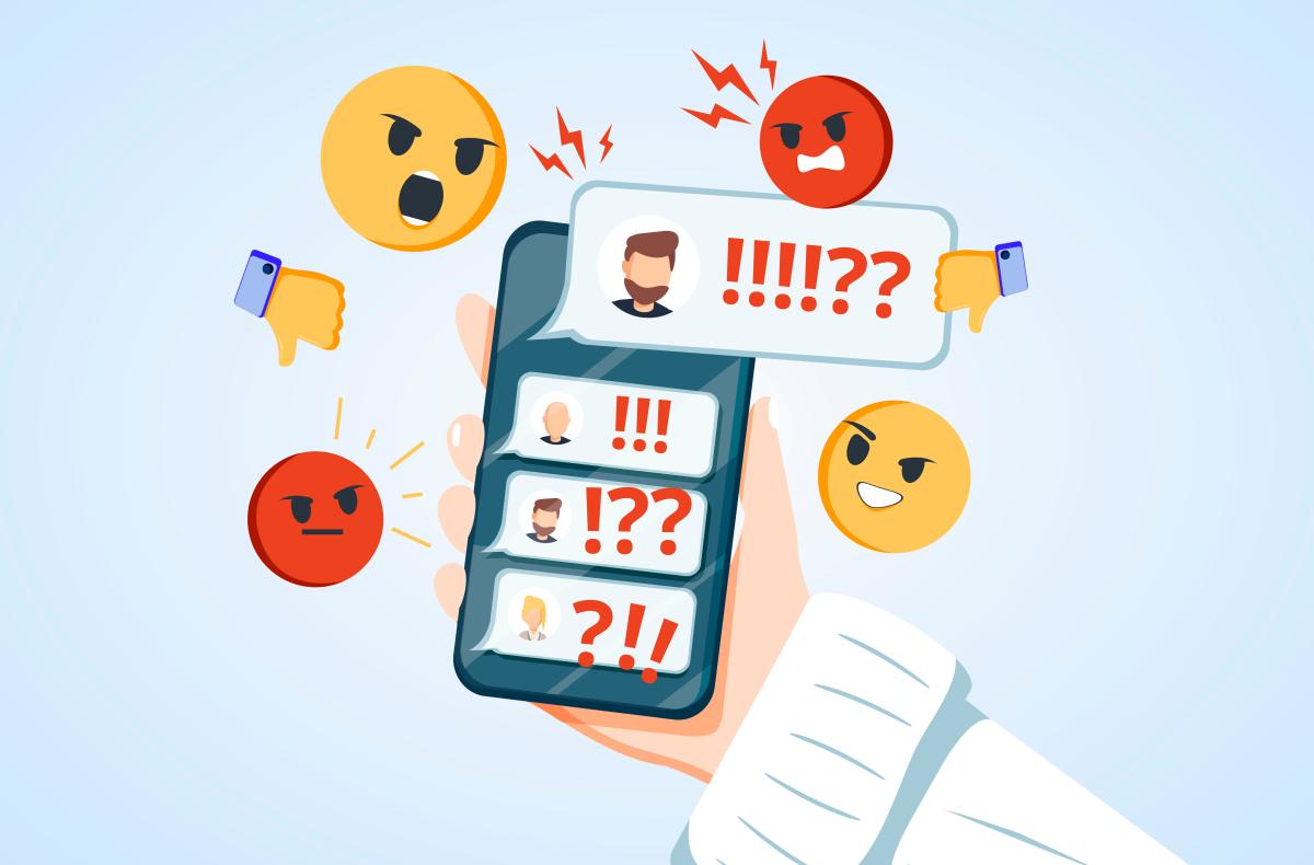  Heruntergeladen Hand holding phone with incoming bullying message in chat cartoon illustration