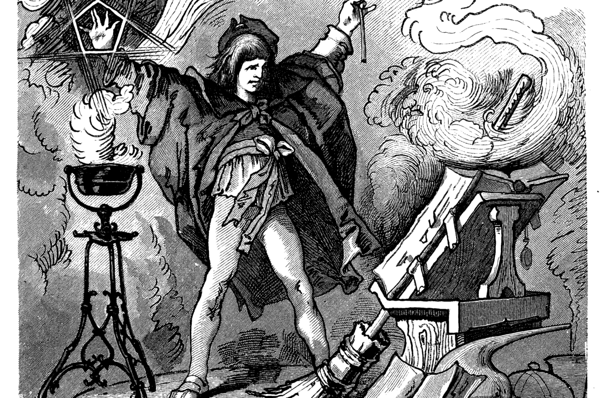 Vintage illustration of the Sorceror's Apprentice performing a spell.