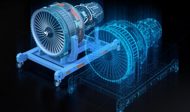 CGI representation of an engine alongside its digital twin