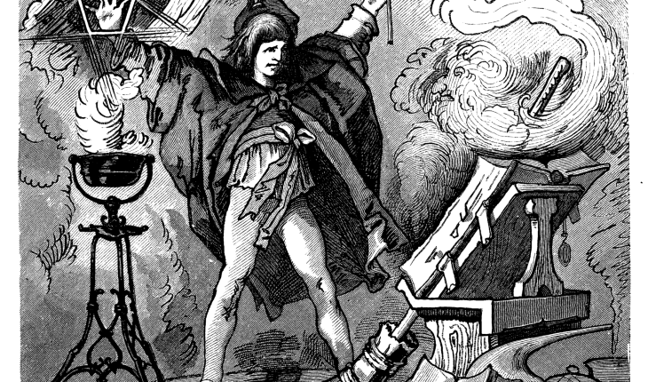 Vintage illustration of the Sorceror's Apprentice performing a spell.