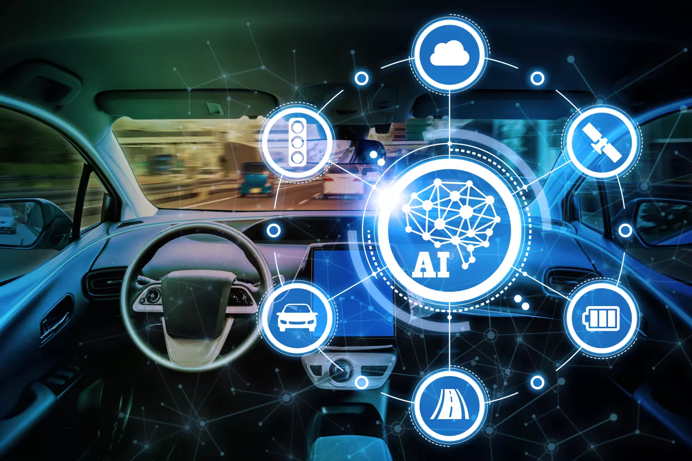 An imagined AI software interface is overlaid on the interior of a car.
