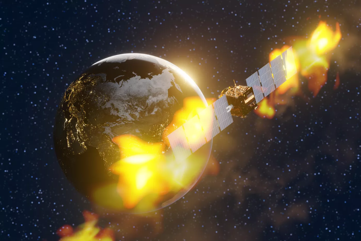 A space satellite catching fire, with planet Earth in the distance