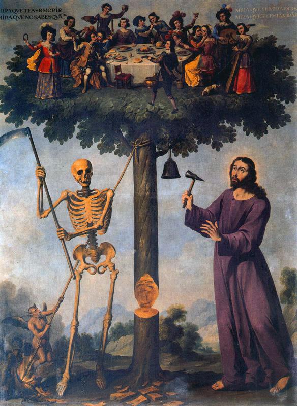 Baroque painting showing a tree about to be felled by a skeleton, with a feast taking place in the upper branches.