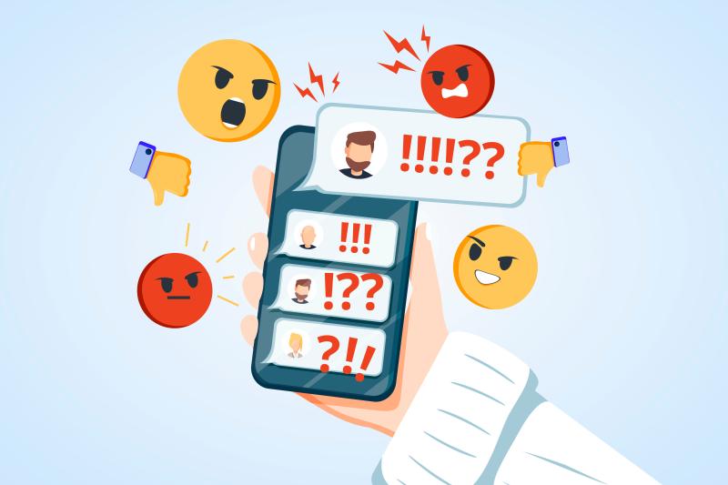  Heruntergeladen Hand holding phone with incoming bullying message in chat cartoon illustration